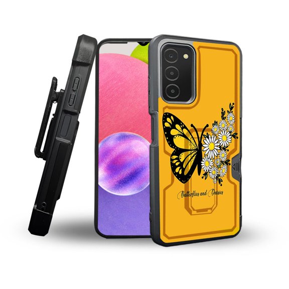ANJ  Rugged Shockproof Holster Case Card Slot Kickstand   Tempered Glass Cover for Samsung Galaxy A03s - Butterfly Daisy