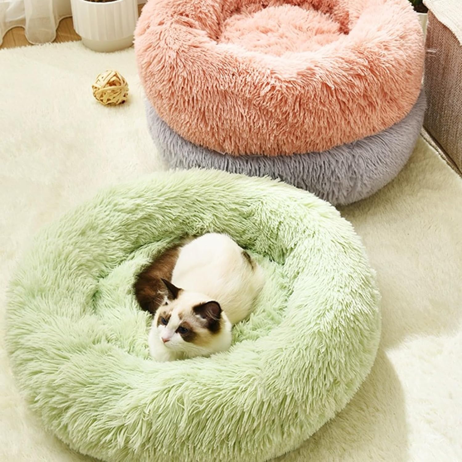 Nisrada Anti-Anxiety, Warming Calming Donut Bed for Cats, Green