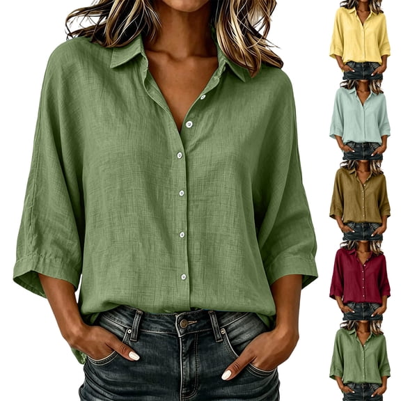 Women’s Collared 3/4 Sleeve Button Down Shirts Textured Loose Dolman Sleeve V Neck Casual Summer Blouse Lightweight Daily Tunic Tops Yellow