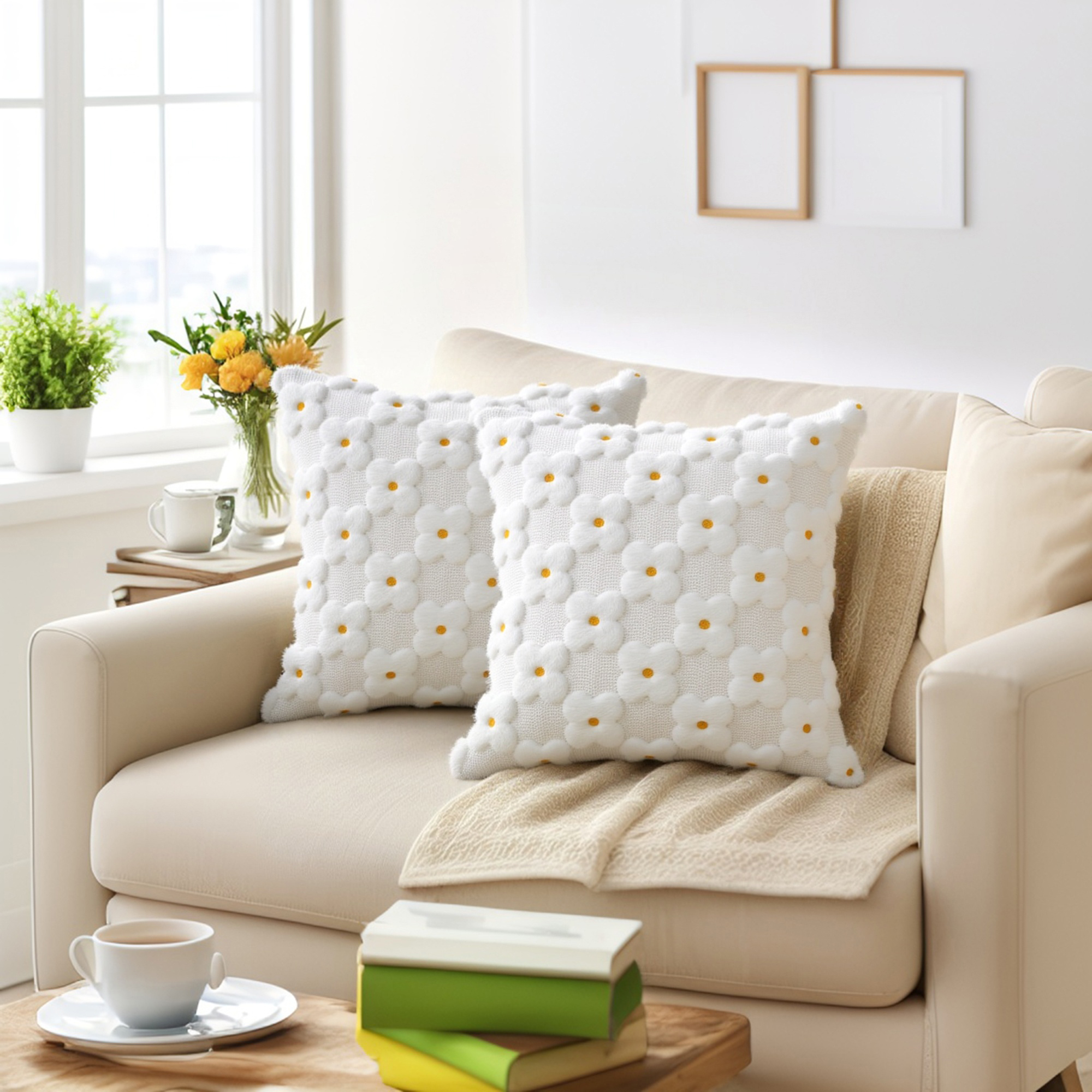 Unique Bargains Cute Daisy Embroidery Pillow Covers Pack of 2 White 20" x 20"