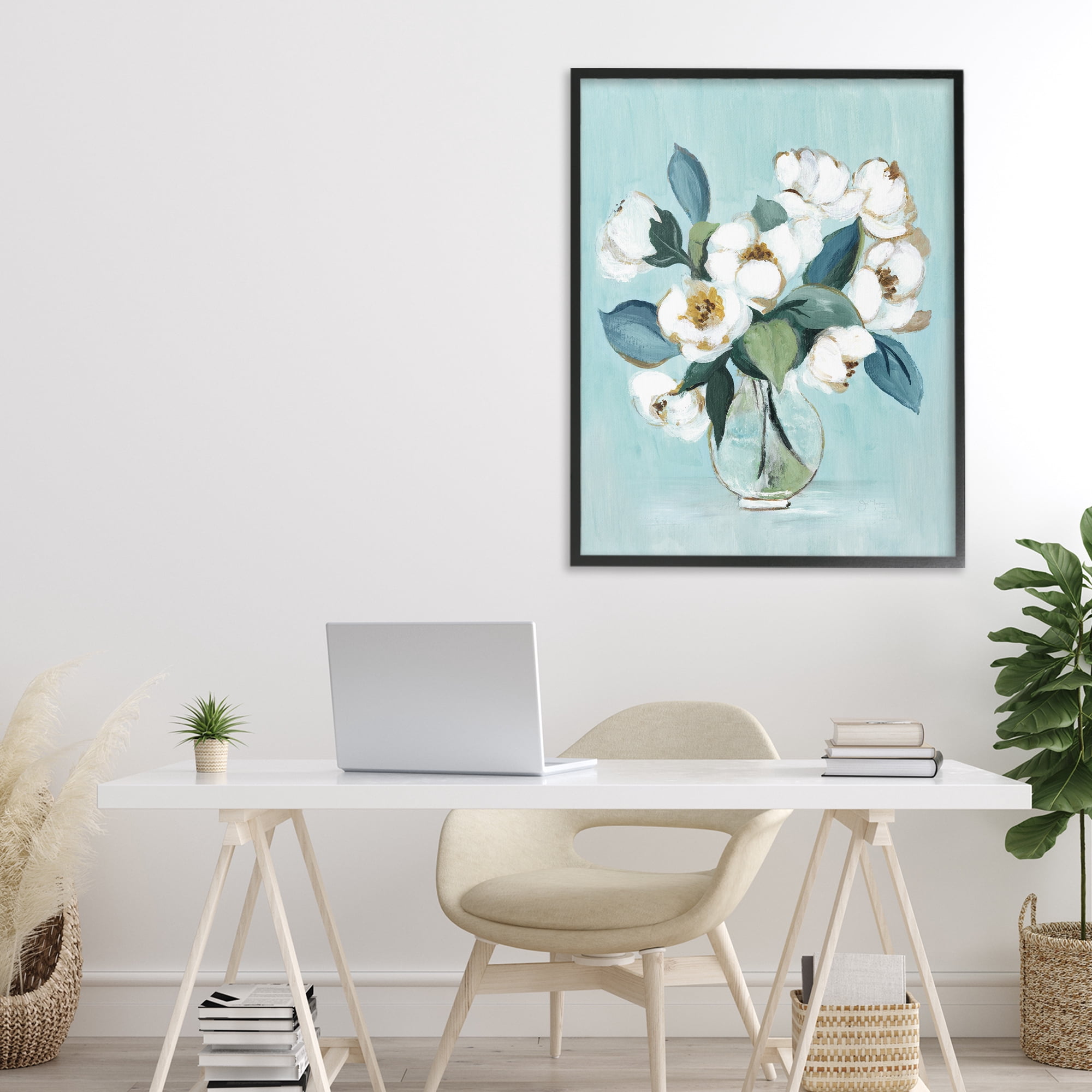 Stupell Industries Magnolia Arrangement over Blue Black Framed Giclee Art, design by Janet Tava