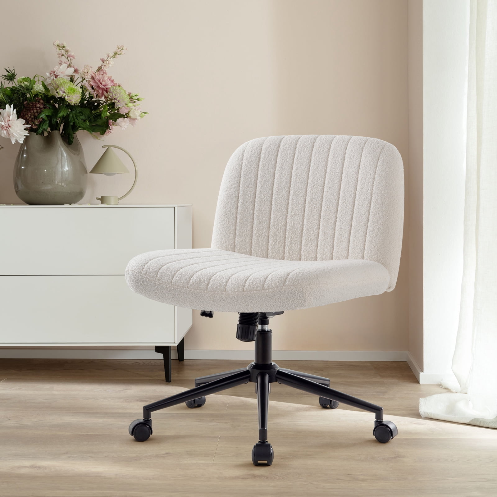 White Criss Cross Chair with Wheels, Armless Wide Seat Office Chair, Teddy Fabric,Cross Legged Desk Chair,Height Adjustable Computer Task Chair,Swivel Vanity Chair for Bedroom,Make Up,Small Space