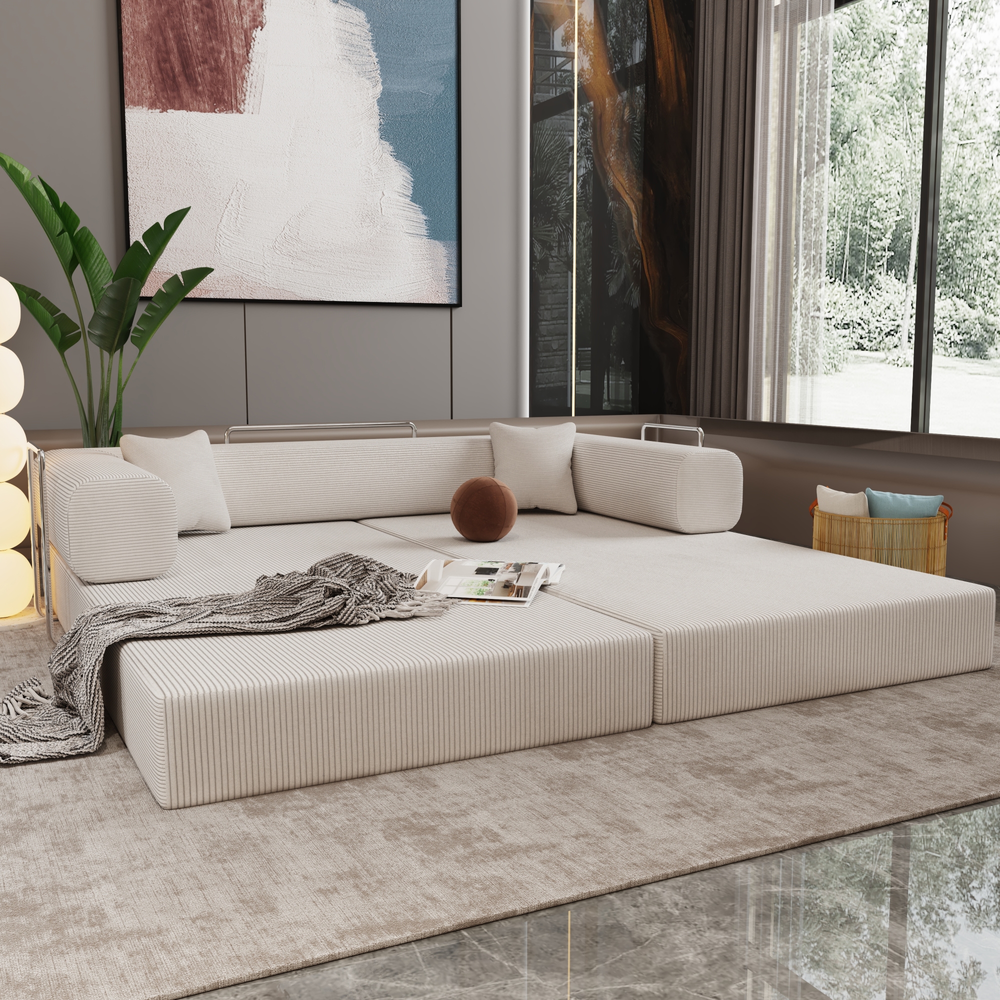 Convertible Floor Sofa Bed, Foldable Mattress Cloud Couch with Pillow Back & Armrest, Corduroy Sleeper Sofa Bed with Fixed-Shape Frame, Compressed Couch for Living Room Bedroom,Beige