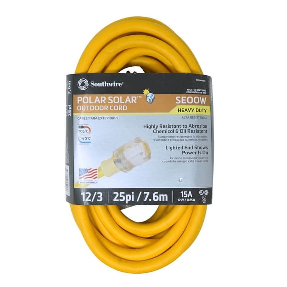 Southwire 25 Ft 12/3 Seoow Heavy-Duty Outdoor Extension Cord Yellow