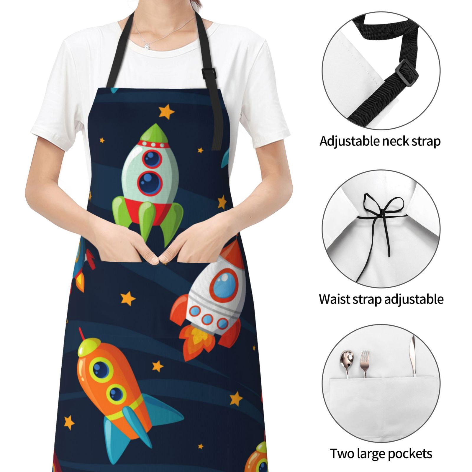 Kdxio Spaceships and Stars Apron with Pockets Adjustable Kitchen Aprons for Men Women Waterproof Aprons for Cooking,Drawing,Crafting, Baking Household Cleaning