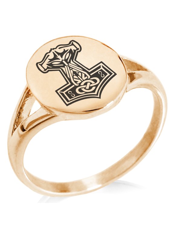 Stainless Steel Mjolnir Thor's Hammer Viking Norse Minimalist Oval Top Polished Statement Signet Ring