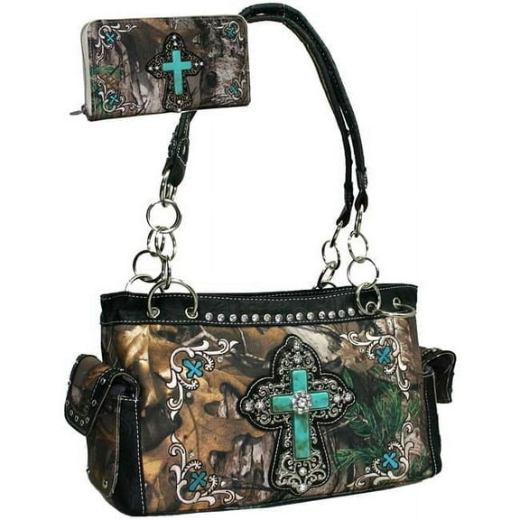 Gold Rush CRL682WC82SET-CAM - BK Western Camouflage Embroidered Cross Purse Wallet Set with Black Trim - Cam & Black