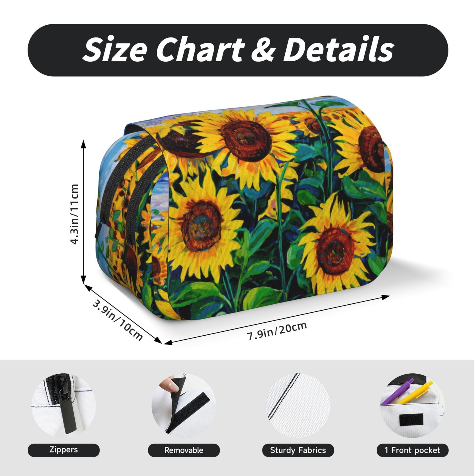Rateoe Landscape With Sunflowers Pattern Double Clamshell Pen Case, Storage Organizer with Two Zipper Compartments– Holds Up to 50 Pencils & Pens