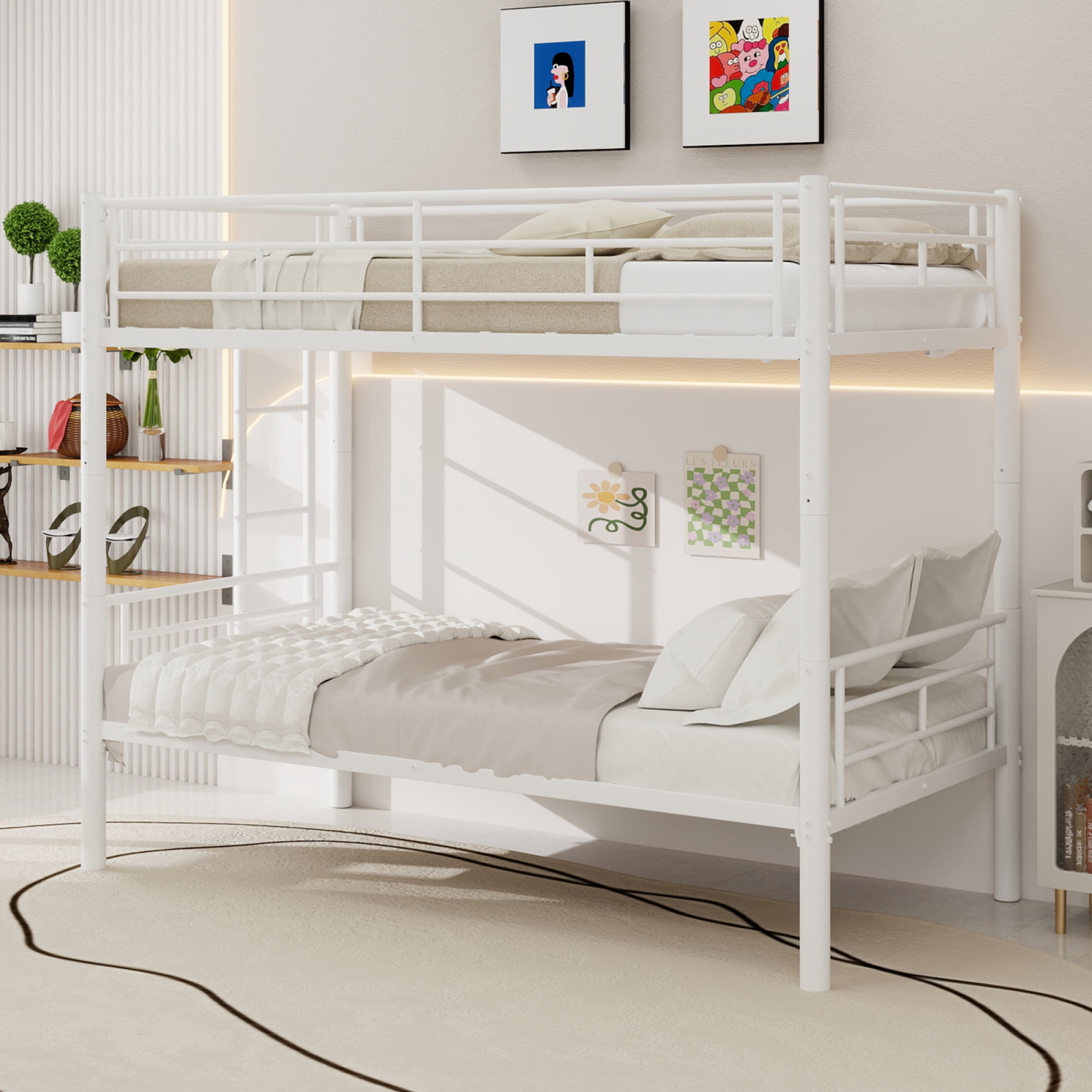 Leumius Twin Over Twin Bunk Bed for Kids Boys Girls, Heavy Duty Metal Bunk Bed with Ladders & Guardrail,Convertible 2 Beds,White