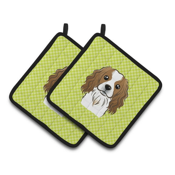 Carolines Treasures BB1286PTHD Checkerboard Lime Green Cavalier Spaniel Pair of Pot Holders , 7.5HX7.5W, multicolor