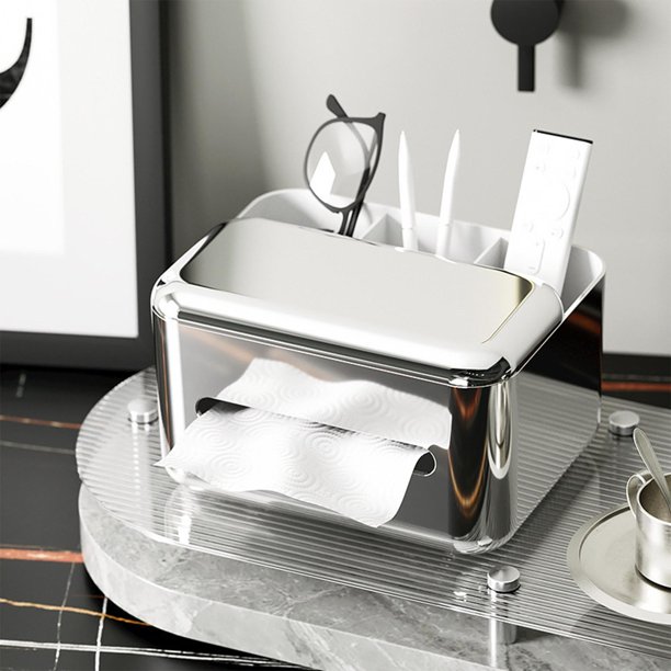 Caja de pañuelos funciones, organizador de escritorio con soporte para teléfono, caja de almacenamiento de servilletas, cajas de soporte de papel Plata Macarena Almacenamiento de tejidos