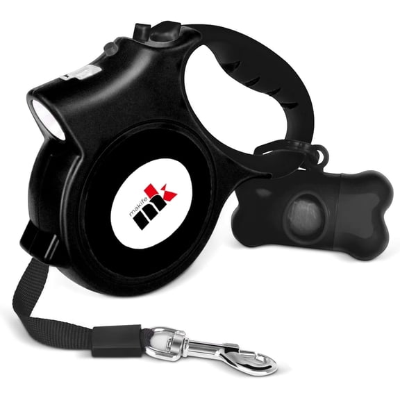 Retractable Dog Leash with Light 15 Poop Bags, Dispenser 16ft Extendable Dog Walking Leash for Small Dogs up to 55 lbs, Non-Slip Handle - Black