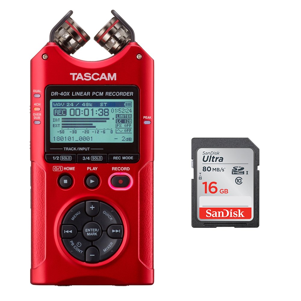 Tascam DR40X FourTrack Digital Audio Recorder (Red) with SanDisk 16GB
