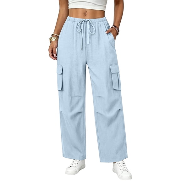 Livrdious Wide Leg Linen Cargo Pants for Women Drawstring High Waisted Baggy Palazzo Summer Beach Lounge Trousers with Pockets, 29'' Inseam
