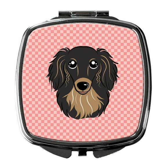 Checkerboard Pink Longhair Black and Tan Dachshund Compact Mirror BB1213SCM