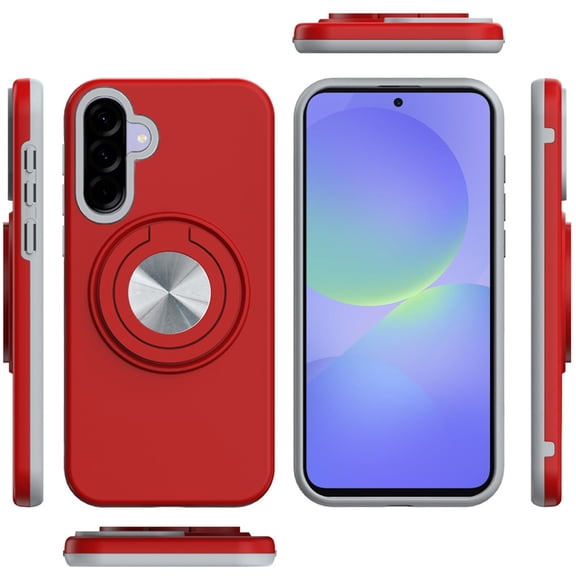 For Samsung Galaxy A37 Phone Case, Metal Matte Hybrid with Invisible Rotational Ring Stand, Car Mount Friendly, Military Grade Slim Fit Sturdy Cover for Samsung A37 - Red