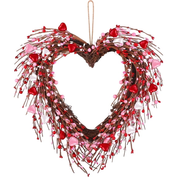 JEWLALO Valentine's Day Wreath, 18" Heart Shaped Wreath with Red Pink White Berry Valentine's Day Decorations for Anniversary Wedding Party Gift, Home Wall Window Front Door Decor