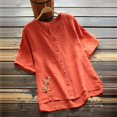 thumbnail image 2 of Summer Plus Size Shirts for Womens Cotton and Linen Spring Printed Casual Loose T-Shirt Short Sleeve V-Neck Embroidery Button Tops Cotton And Linen Blouse Gifts for Womens, 2 of 7