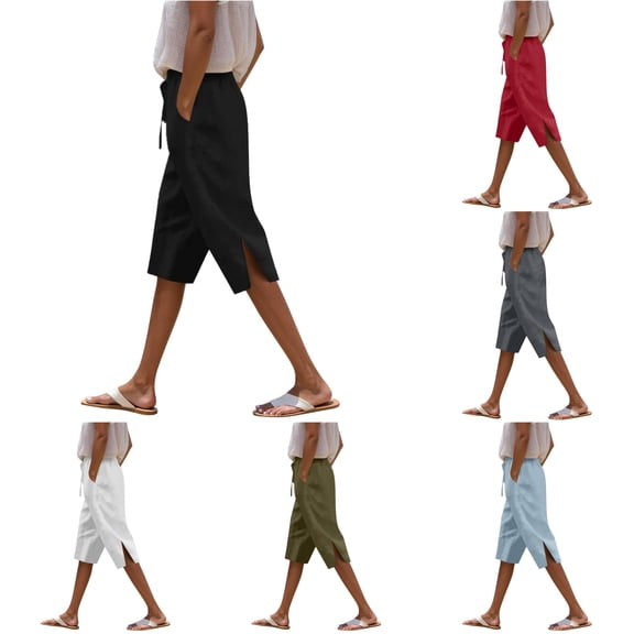 Gunia Linen Blend Pants For Women Capri Pants Capris Beach Cropped Trousers Drawstring Side Split Casual Ladies Pant Vacation Summer Pants