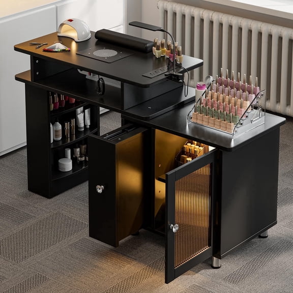 Manicure Table w/LED Light & Lamp, Nail Desk Nail Tech Table w/Dust Collector & Charging Station, Nail Station w/Acrylic Display Rack, Drawers & Glass Door Cabinet (Black)