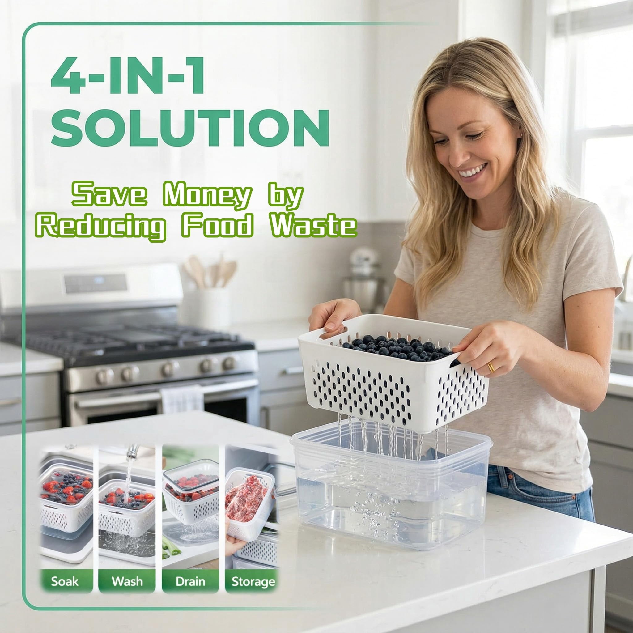 Fruit Storage Containers for Fridge, 4 in 1 Food Storage Container with Removable Colander, Airtight Produce Saver, Stackable Fridge Organizer for Wash, Drain & Store