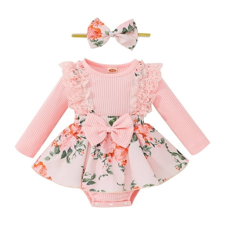 

dmqupv Preemie Clothing for Girls Girls Lace Ruffles Long Sleeve Ribbed Floral Prints 6 Girls Clothes Winter Pink 0-3 Months