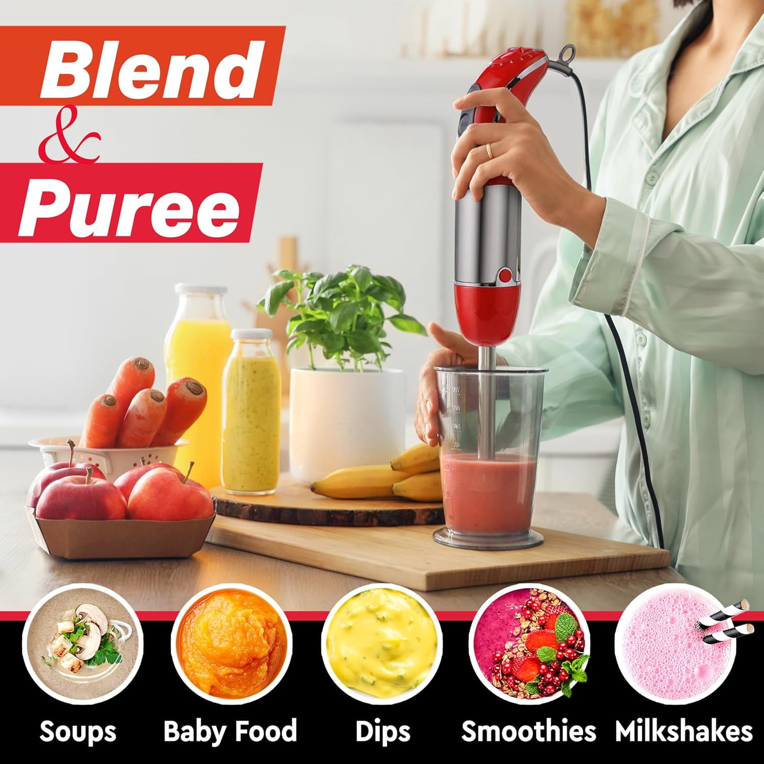 Mueller Multistick 800W 5-in-1 Immersion Blender Handheld, 12 Speed Hand Mixer - Turbo Boost, Heaviest Duty Copper Motor, Titanium Blades Hand Blender, Milk Frother Wand, Red Kitchen Accessories