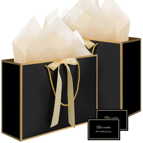 AUCLAY 3 Pcs 13" Black Gift Bags with Handles Tissue Paper and Cards, Large Gift Bags for Birthday Wedding Anniversary Father's Day Holiday