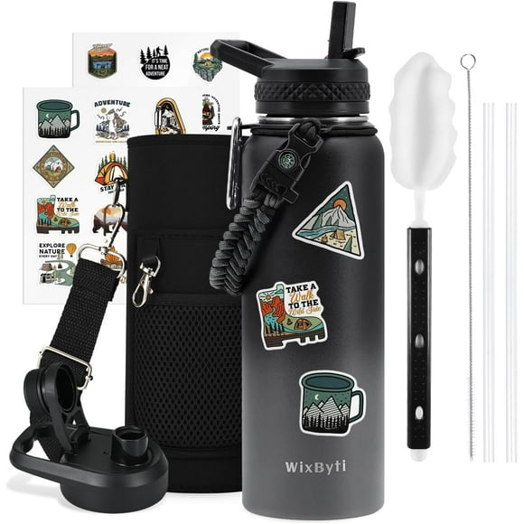 UTAH-40 oz Insulated Water Bottle with Straw (Cold for 48 Hrs), Stainless Steel Triple Wall Vacuum Sports Water Jug, Leakproof Hydro Cup Flask with Paracord Handle & Straw Spout Lids & DIY Stickers