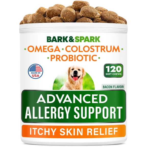 BARK&SPARK Advanced Dog Allergy Itch Relief Chews - Skin Probiotics for Dogs w/Fish Oil Omega 3 - Itchy Skin Relief Pills - 120 Bacon