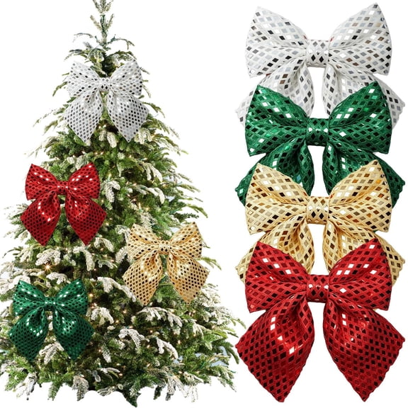 Xingjin Glitter Bow Ornaments, Christmas Tree Bows With Hollow-Out Design, Holiday Wreath Accent For Xmas Tree And Party Decor