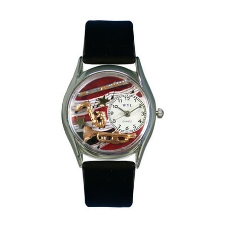 Whimsical Wind Instruments Black Leather And Silvertone Watch