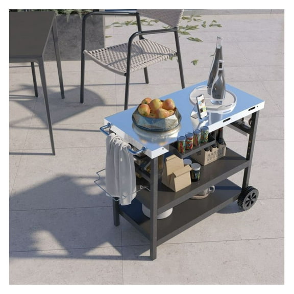 Foldable Outdoor Cart with Wheels, 3-Tier Stainless Steel Utility Cart with Phone Holder, BBQ Prep Table, Portable Work Table for Patio, Garden, Camping