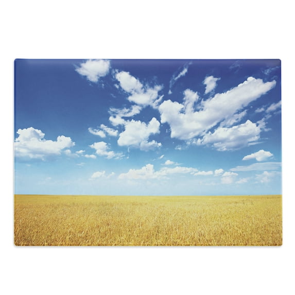 Yellow and Blue Cutting Board, Wheat Field Vibrant Summer Harvest Sunbeam Rural Farm Scenery, Decorative Tempered Glass Cutting and Serving Board, Large Size, Earth Yellow Blue White, by Ambesonne
