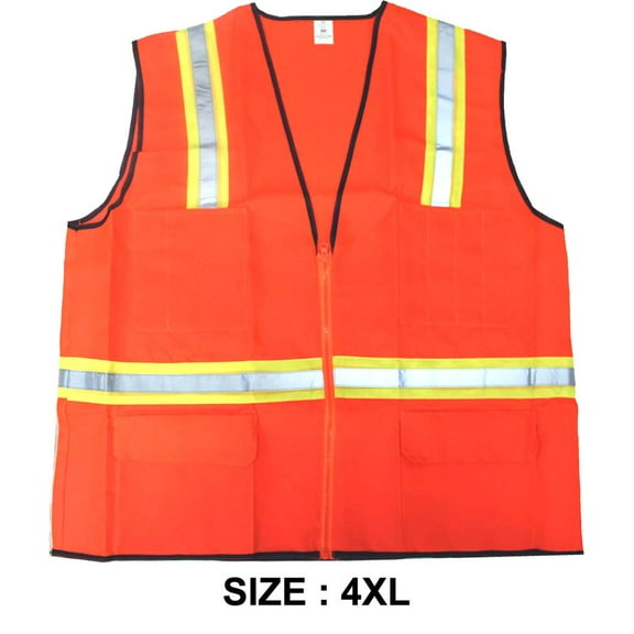 BRITEGUARD 4X Large Bright Orange Safety Vest | 100% Polyester | 5.1 cm (2") Reflective Neon Green & Silver Stripes | Multiple Pockets | Zipper Front | Oversized Arm Openings