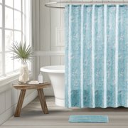 Mainstays 16-Piece Blue Floral Shower Curtain Bathroom Set with Rug, 12 Hooks, Soap Dispenser and Tray