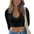 thumbnail image 4 of Women's Cropped Long - Sleeve V - Neck Knit Top for Casual Wear,Black,Z1 Black, 4 of 7