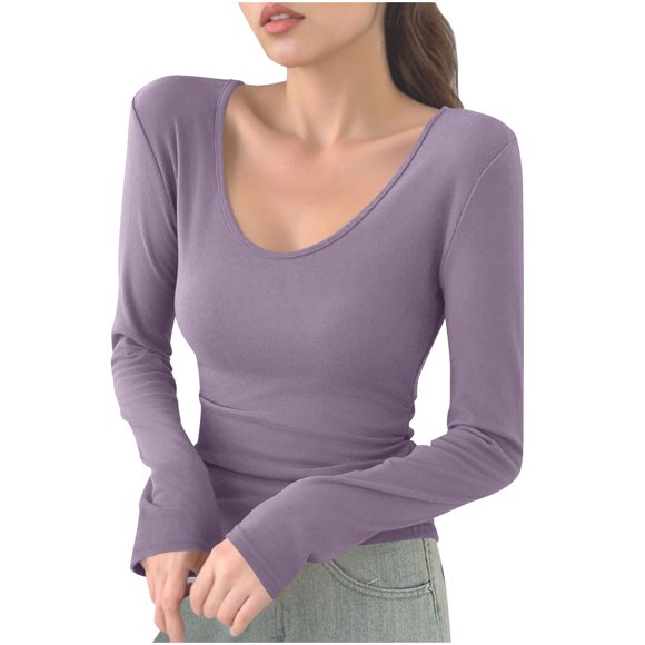 fheaev Long Sleeve Shirts for Women Scoop Neck Bottom Shirt Slim Fitted Casual Basic Tee T Shirt Stretch Fitted Underscrubs Trendy Basic Tops