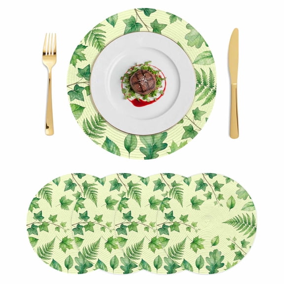 Spring Botanical Round 13 Inch Placemats Set of 4, Green Ivy Ferns Oak Leaves Yellow HeatResistant Non Slip Place Mats for Dining Table, Wipeable Braided Kitchen Table Mats for Housewarming