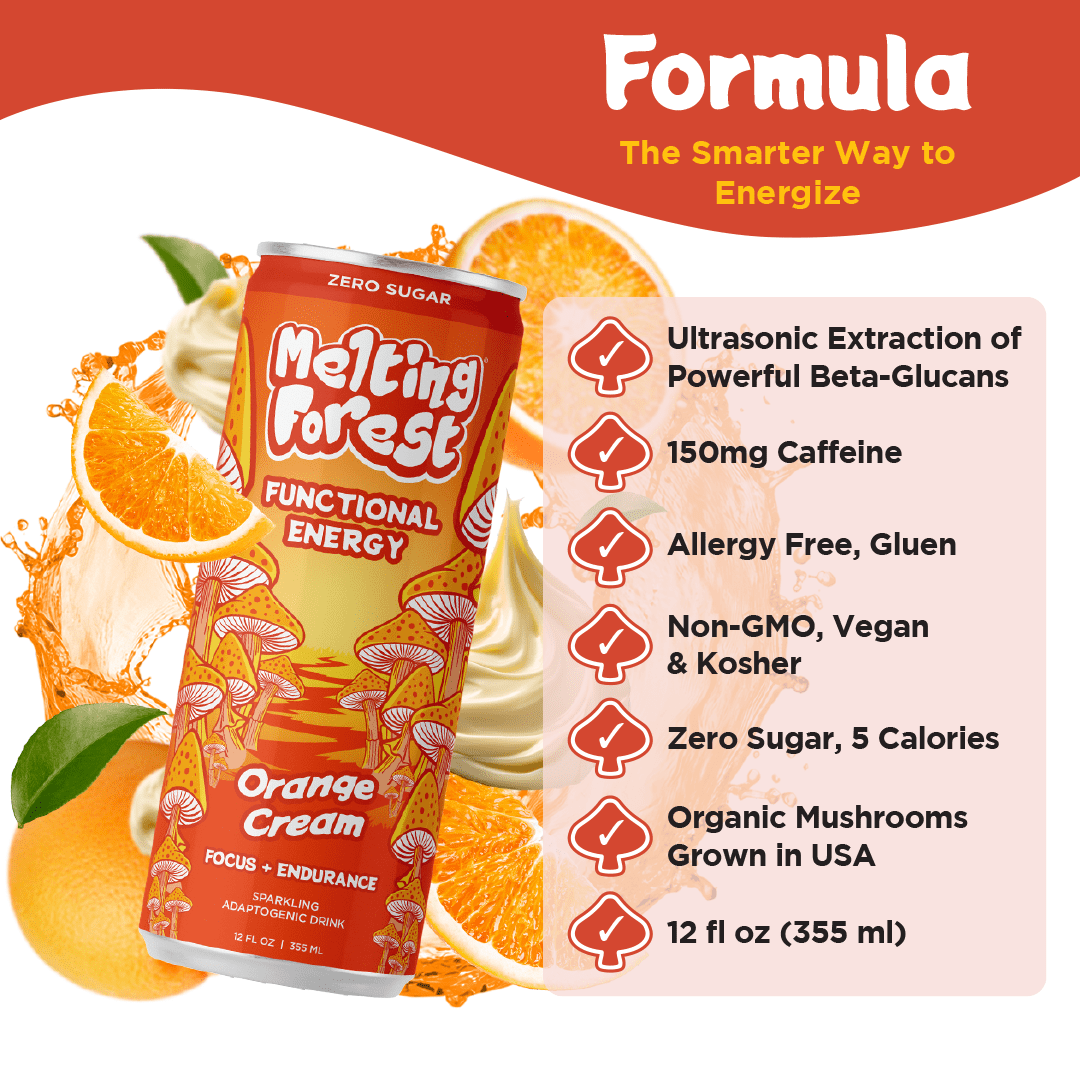 Melting Forest Orange Cream Mushroom Energy Drink, Lion's Mane & Cordyceps, Zero Sugar 12 Pk