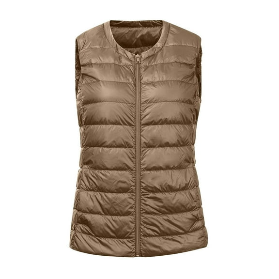 Womens Vest Jacket Plus Size Solid Color Sleeveless Zipper Blouses Waistcoat Outwear(Brown S)