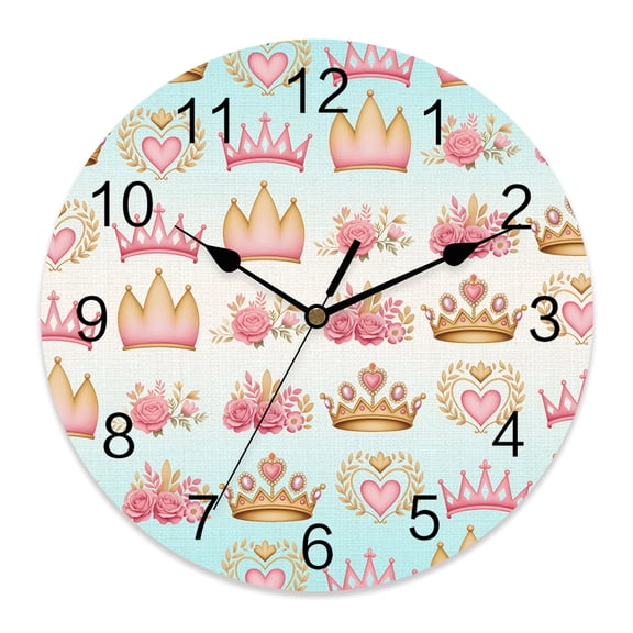 Wall Clock 10 Inch Pink Princess Crown Round Silent Decorative Wall Clocks Battery Operated for Living Room Bedroom Kitchen Classroom Decor, Roses Flowers Love Gradient Blue