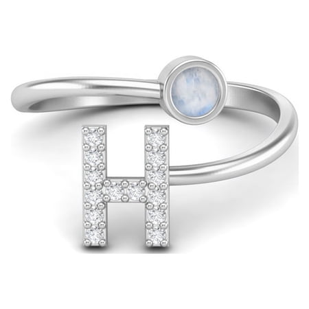 Capital H Initial Letter Moonstone Women Adjustable Front Open Valentines Day Gifts Ring 925 Sterling Silver