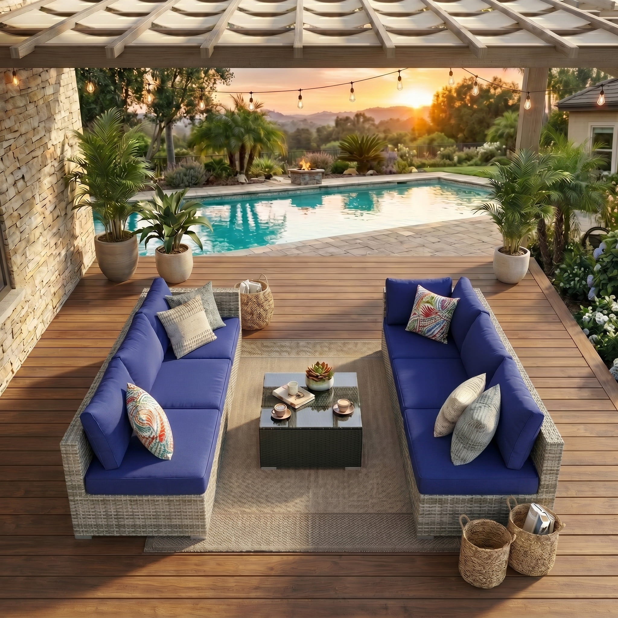Howcool 7-Piece Modular Outdoor Patio Furniture Set with Cushions and Tempered Glass Table