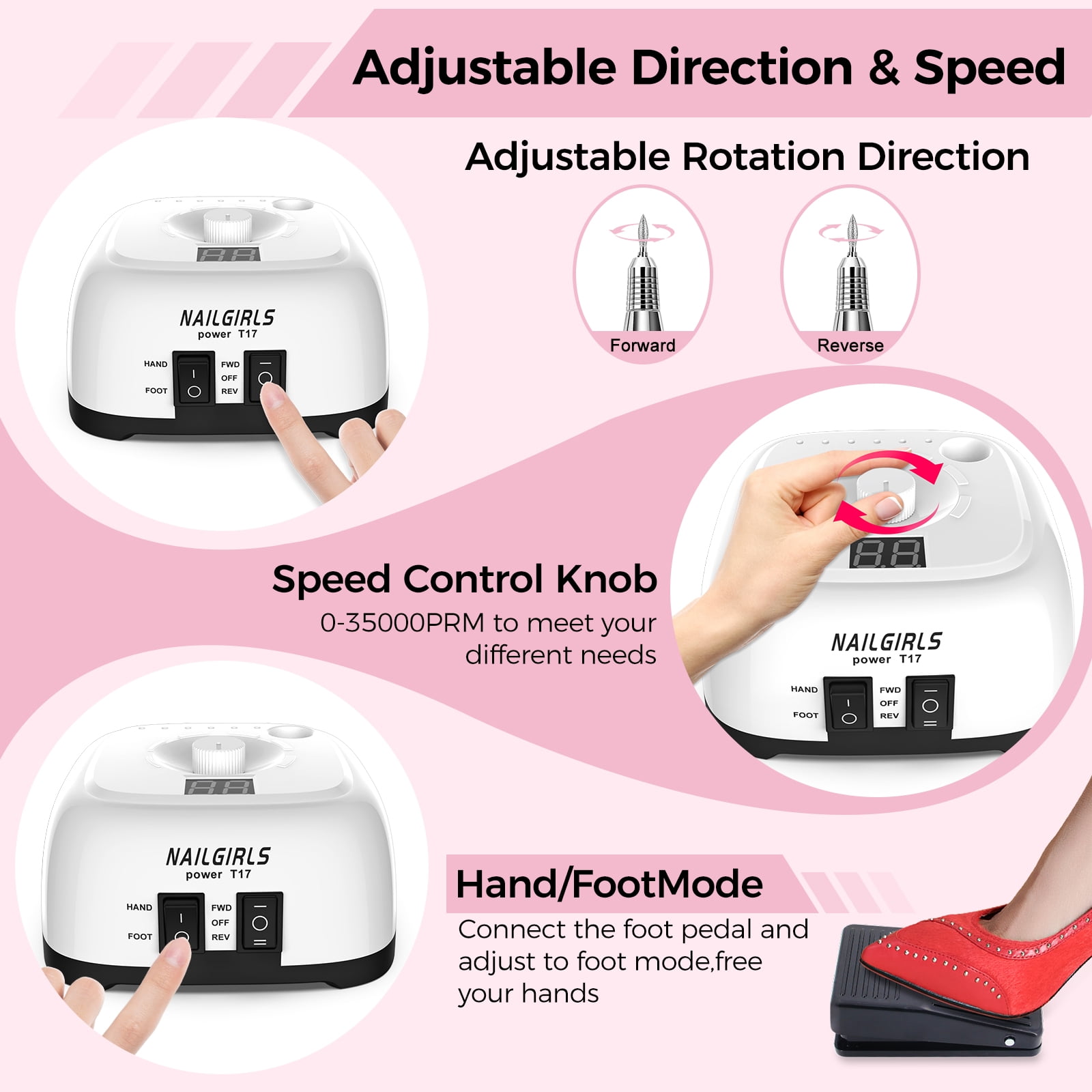 NAILGIRLS Electric Nail Drill 35000RPM with Foot Pedal, LCD Display for Acrylic Gel Manicure Pedicure
