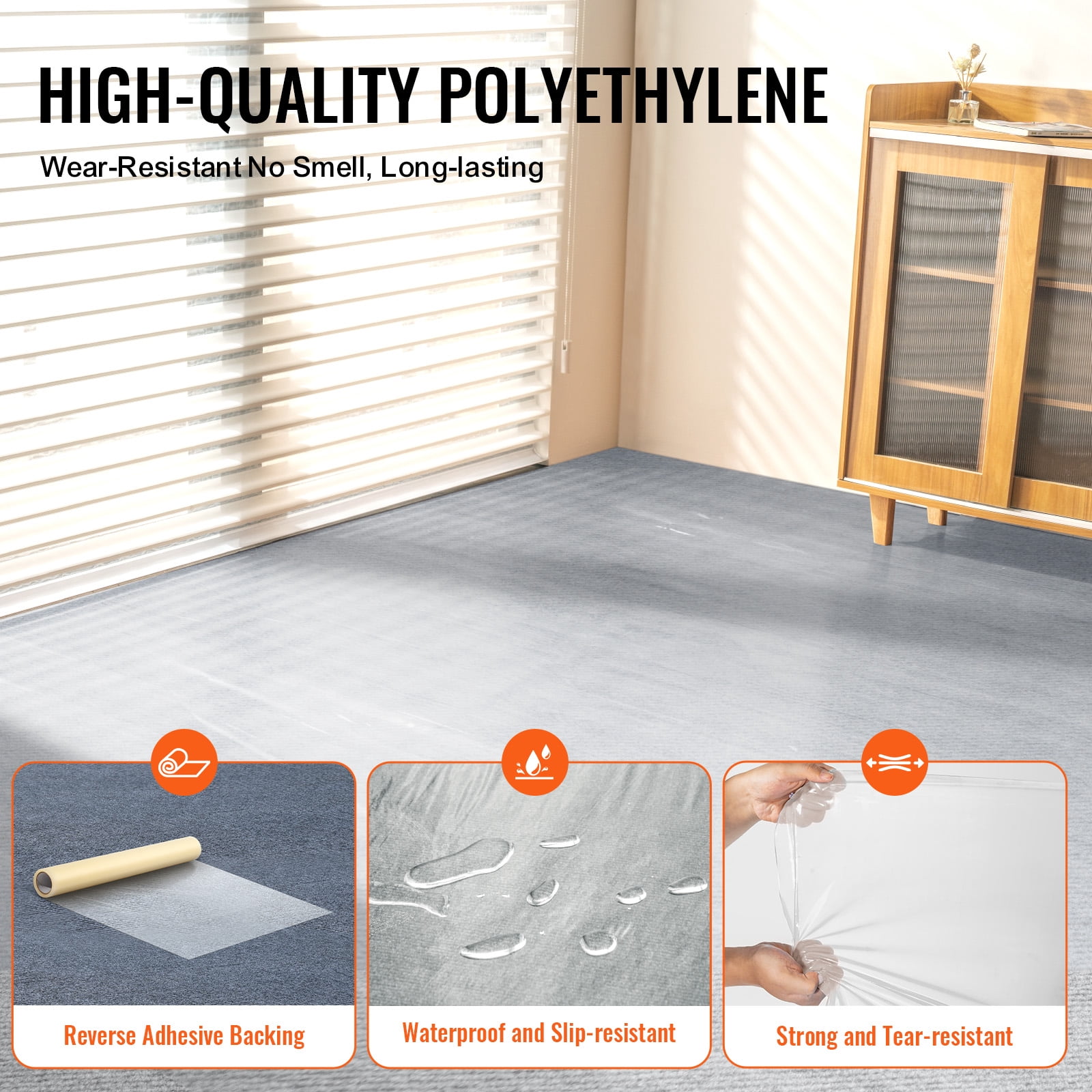 SKYSHALO Carpet Guard Film, 24" x 200' Floor Cover with Stick-On Backing for Simple Setup, Polyethylene Protective Film Roll for Building & Remodeling Tasks