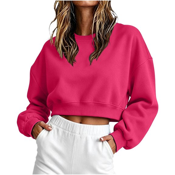cocolona Womens Cropped Sweatshirts Long Sleeve Crew Neck Shirts Base Solid Color Loose Pullover Fall Tops