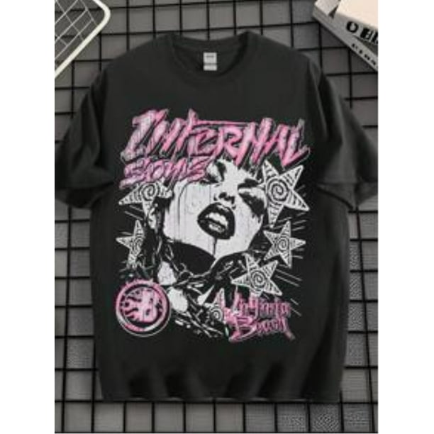 Camiseta EWH para hombre, estilo urbano, rock, grafiti, INFERNAL STONES, rosa, estampada, manga corta, holgada, extragrande, personalizada.