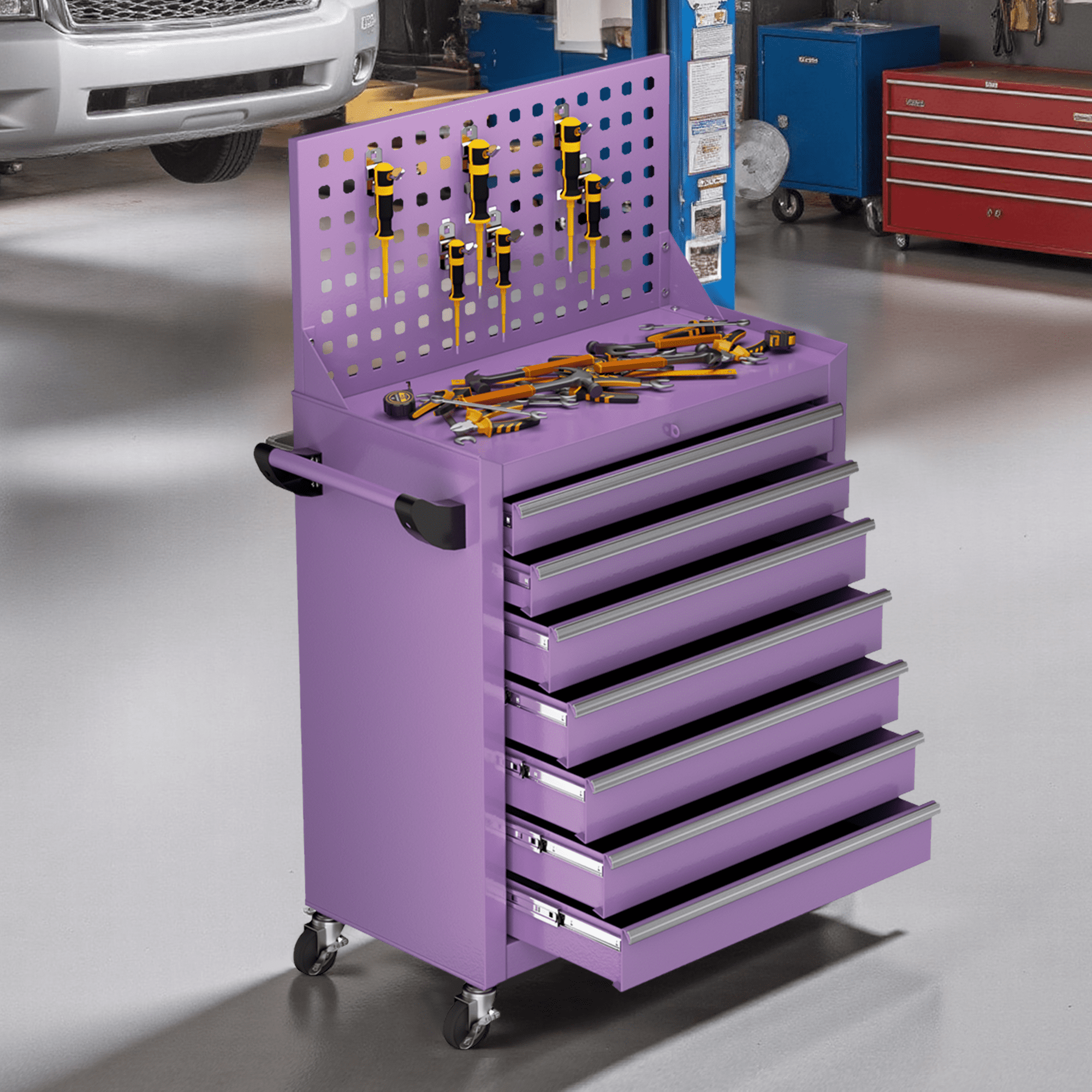 SUNCROWN 7 Drawers Rolling Tool Chest with Pegboard, Metal Tool Chest with Drawers, Tool Storage Cabinet with Wheels for Garage, Workshop, Repair Shop, Purple