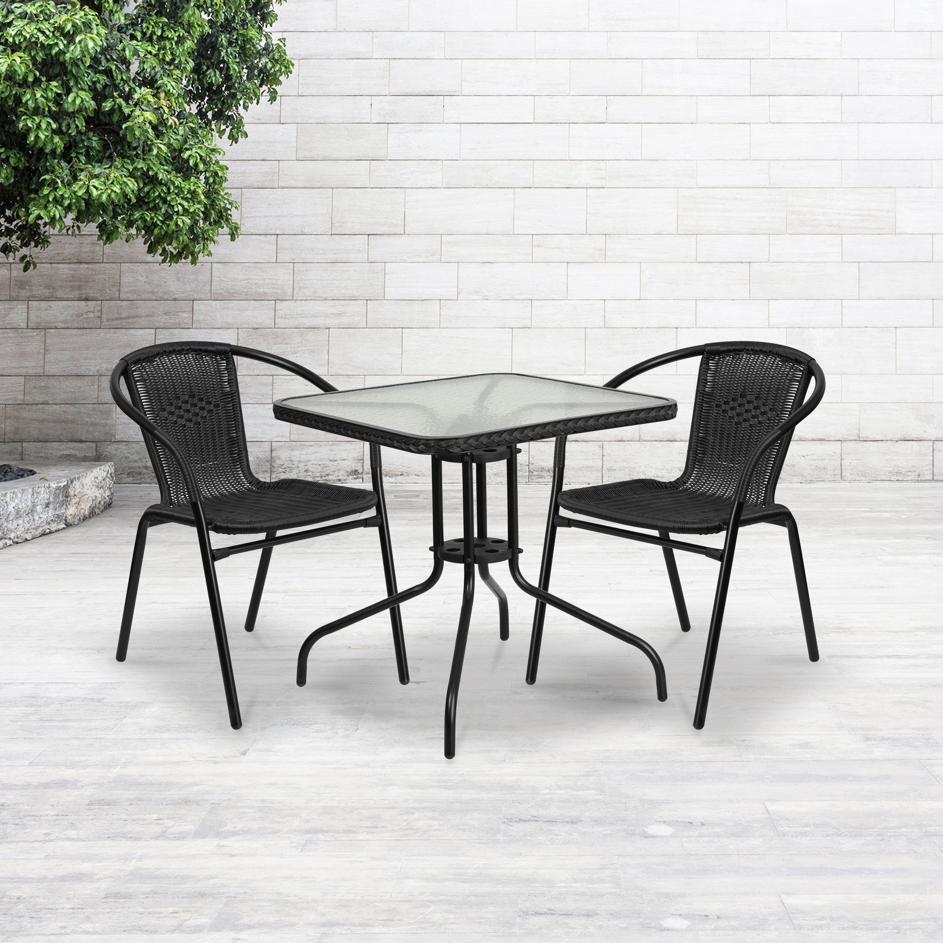 Flash Furniture 28" Square Tempered Glass Metal Table with Rattan